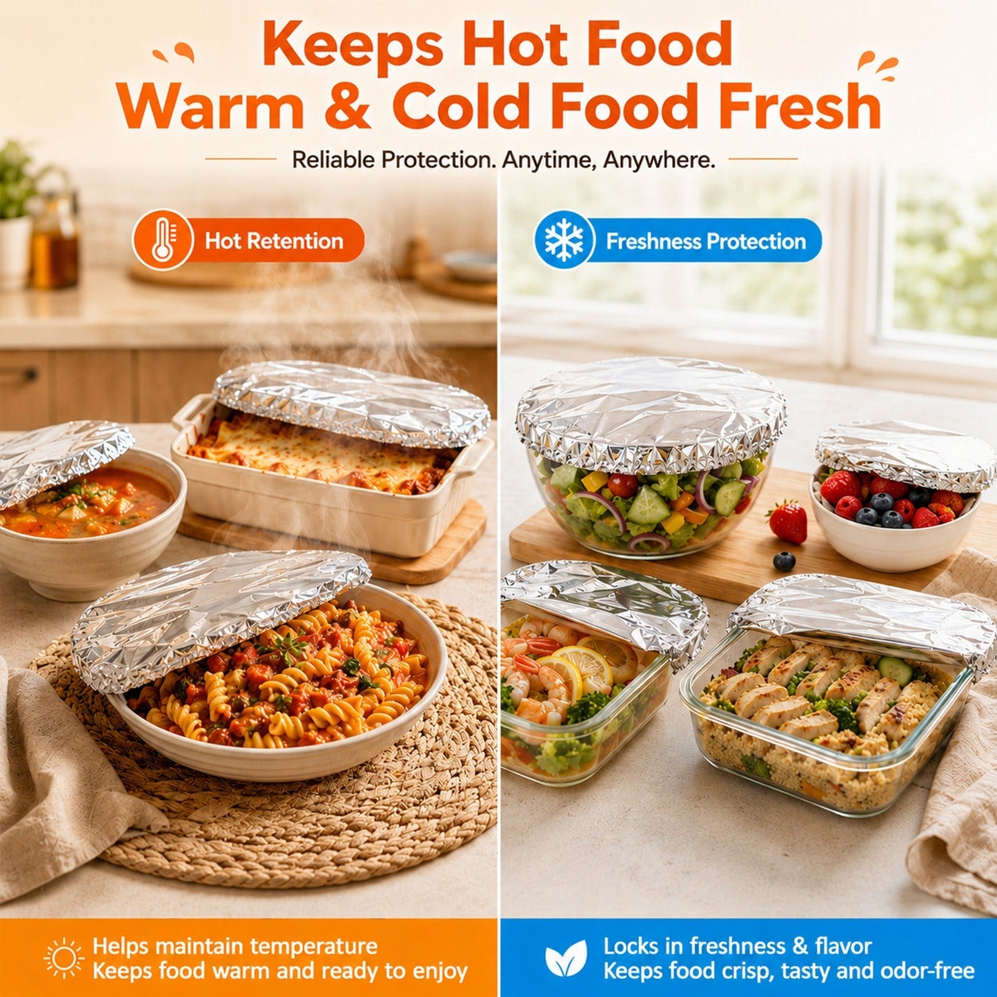 SVOZK® 🍽️Reusable elastic foil covers for bowls, plates and dishes — keep leftovers fresh, prep meals easily, and store food neatly in the fridge. ✨🥗❄️